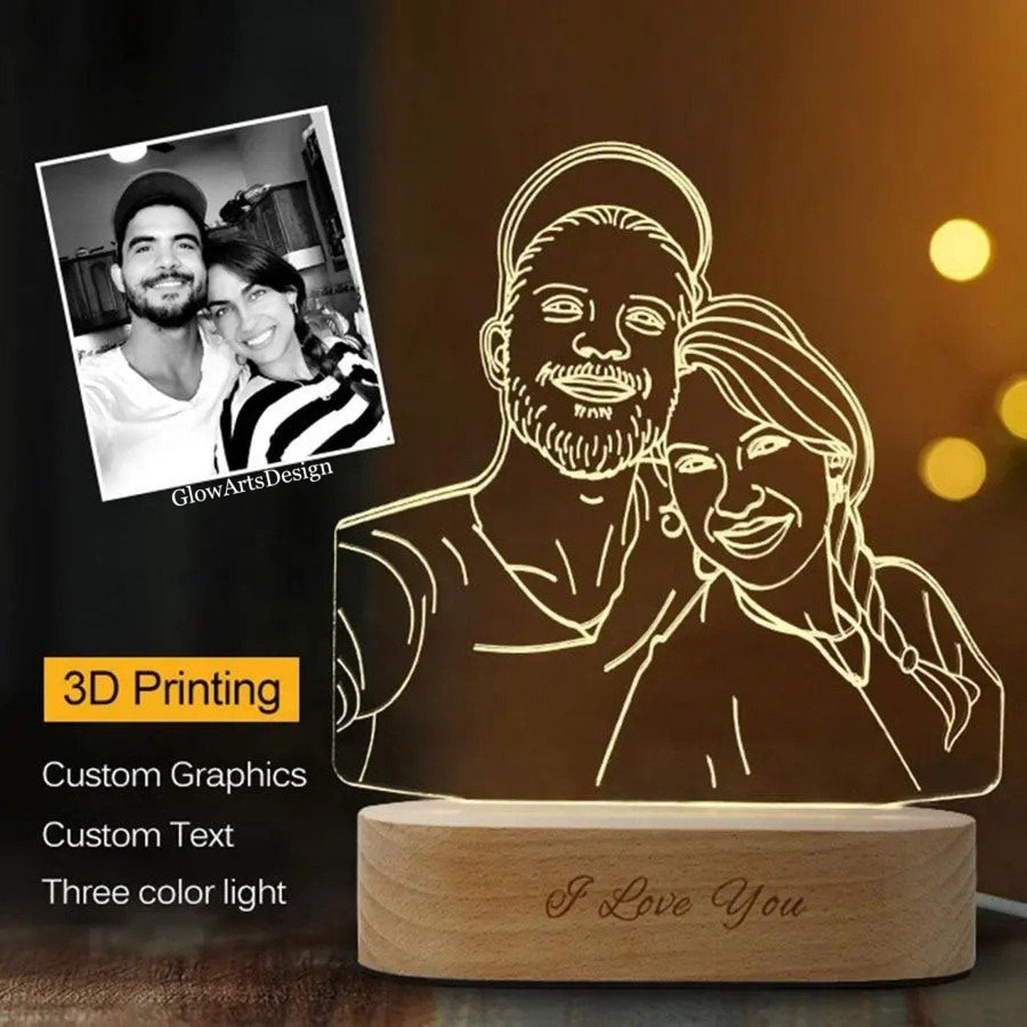 Custom 3D Photo Lamp - 3D Acrylic Lamp - Engraved Photo Lamp - Night Light Lamp With Engraved  - Bedside Lamp - Gift For Couples